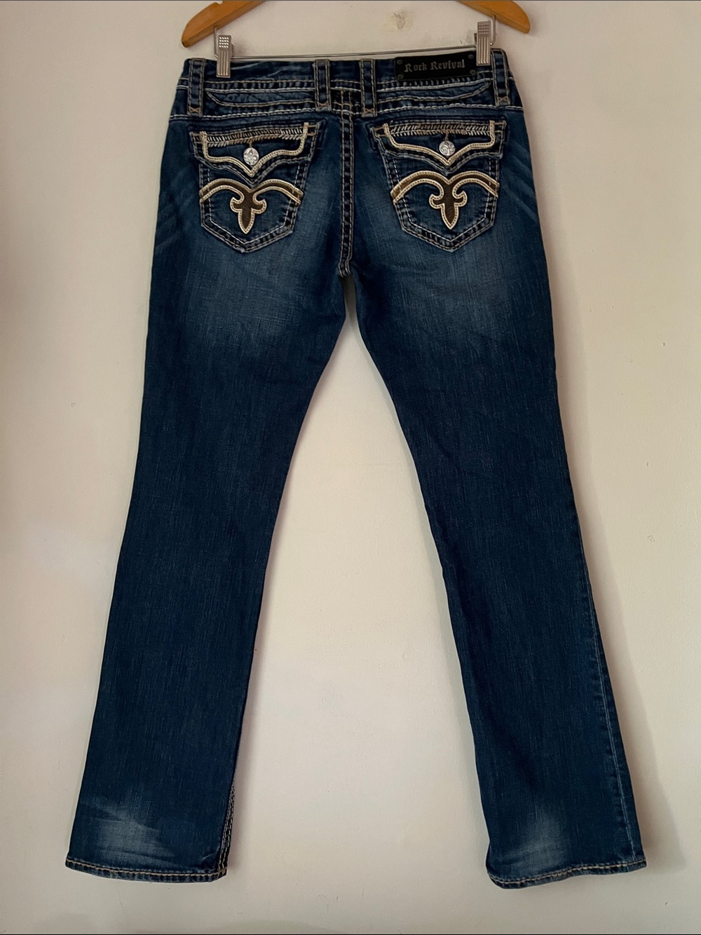 Rock Revival Anja Blue Boot Cut Jeans Sz 30 Flap Pocket Thick Stitch
